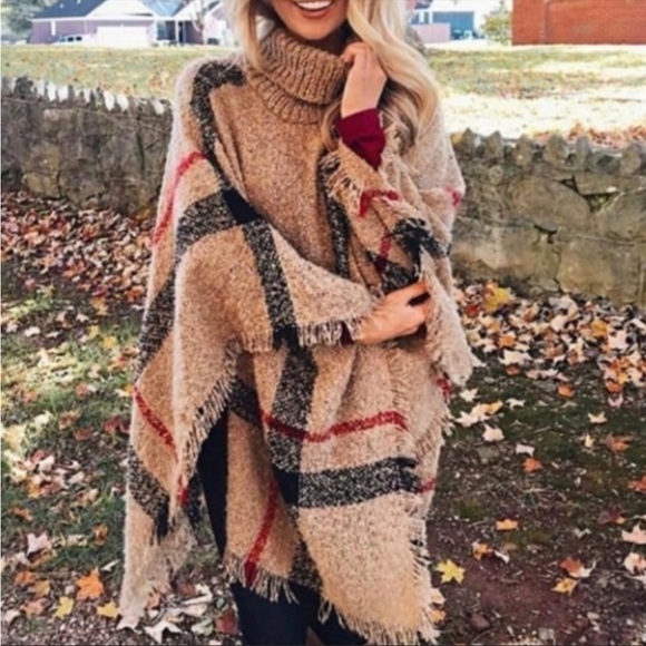 Couture Gypsy Sweaters - Came Turtleneck Plaid Frayed Hem Sweater Poncho One Size